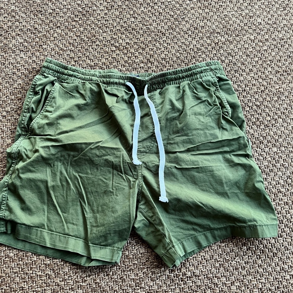 J Crew green swim trunks swimsuit.  Men’s size Large.  Great condition.